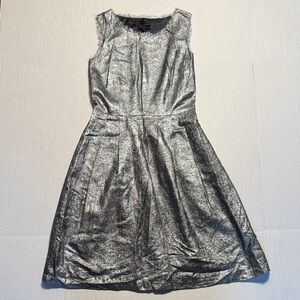 AMMARA Made in NYC Crinkle Silver Sleeveless Skater Dress Raw Hem Details Size 4